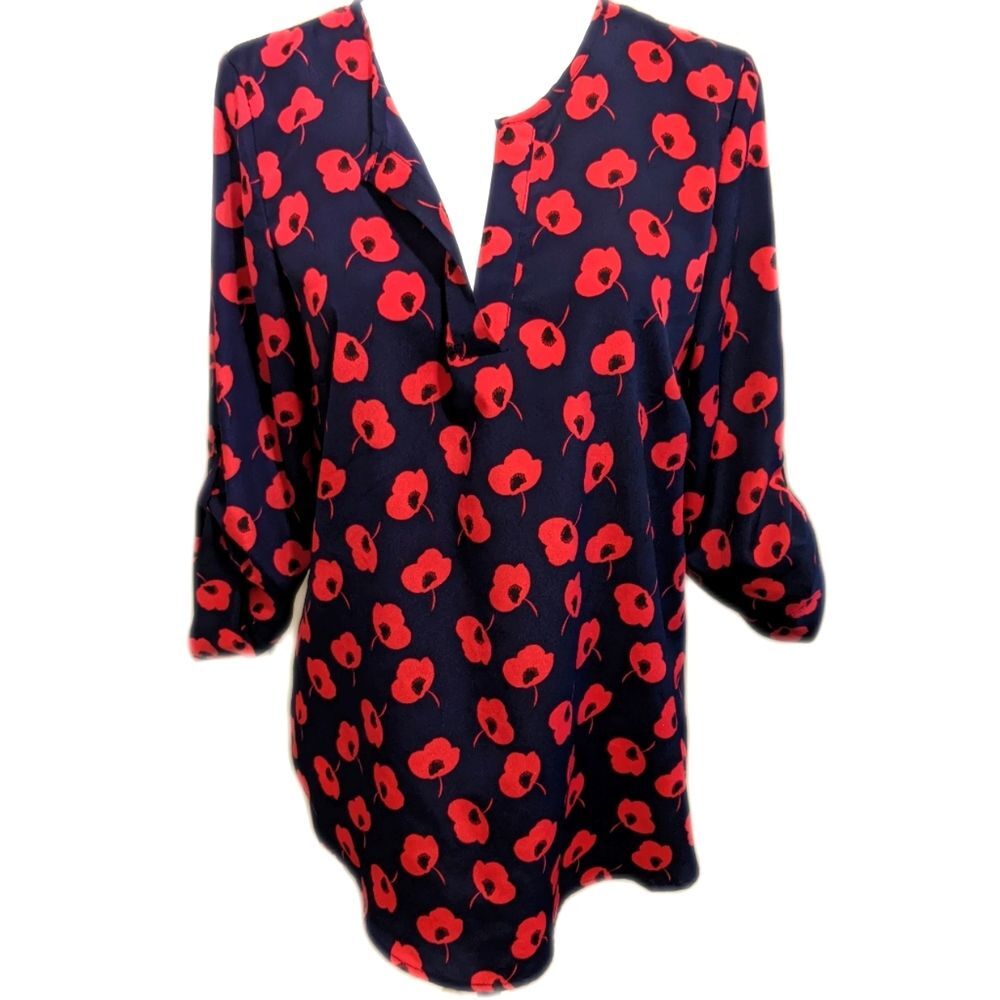 41 Hawthorn (Stitch Fix) navy blue long sleeve blouse w/ red poppy design, M